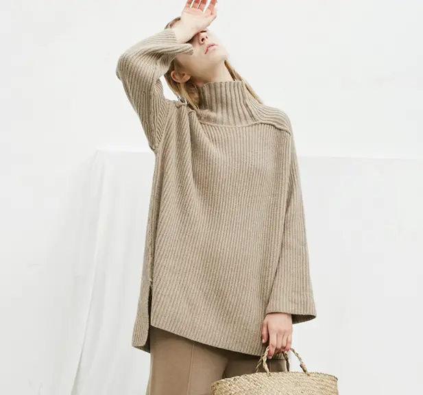 P18B97TR 100% Cashmere Sườn Dệt Kim Cao Cổ Loose Lady Phong Cách Retro Áo Len