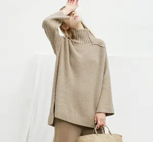 P18B97TR 100% cashmere rib knitted high neck loose lady retro style sweater