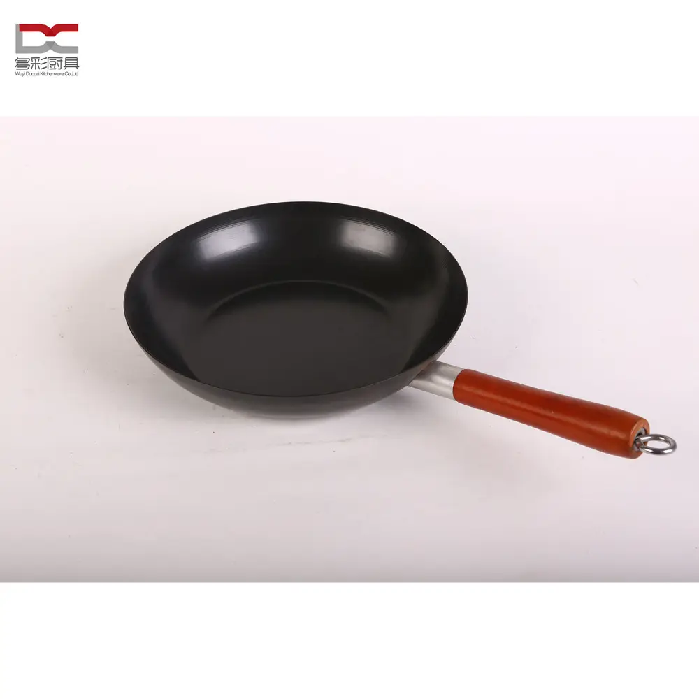 Wok de madeira colorida, oferta direta de fábrica de grau alimentício, longa, colorida, cabo de baquelite, aço carbono, fundo redondo, wok de espiral chinês