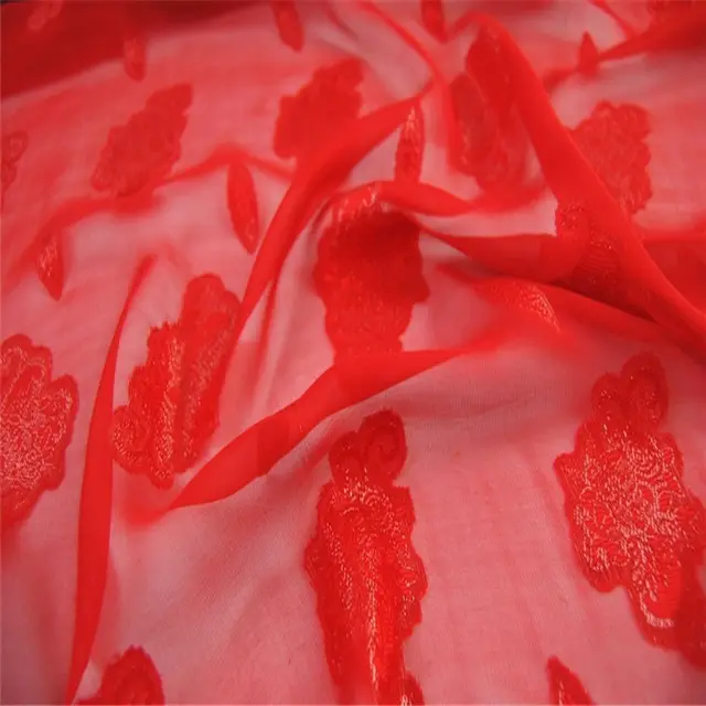 مادة رائعة رائجة البيع حرير أحمر اللون زهور نمط حرير معدني أقمشة لوركس لفستان زفاف جميل