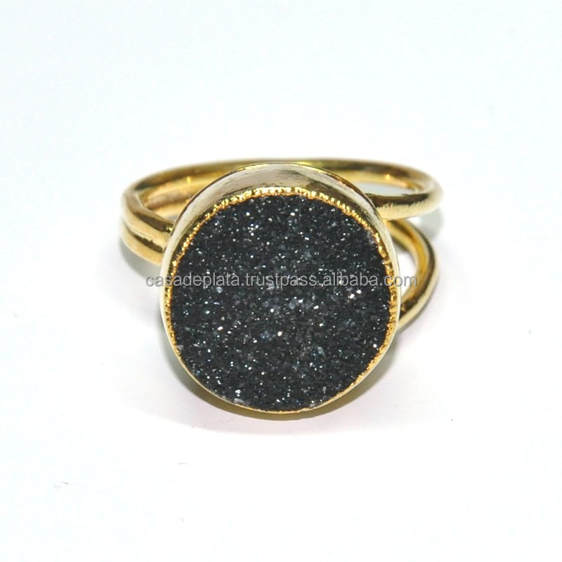 新设计黑色druzy轮刻面宝石纯银戒指带镀金手工饰品casa de plata