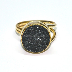 Bague de pierres précieuses à facettes rondes, nouveau Design en argent noir druse, bijou fait à la main en plaqué or - Product Image 1