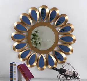 ラウンドピーコックアンティークゴールドギフトリーフフレームウォールミラーアート、周りに装飾的な青いミラー