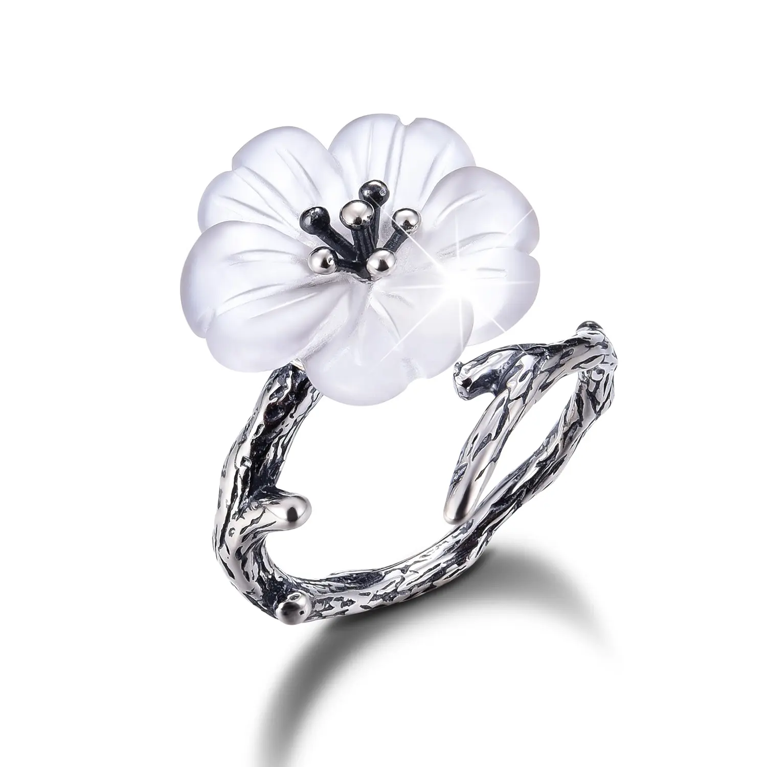 Anel de prata em forma de flor, feito à mão