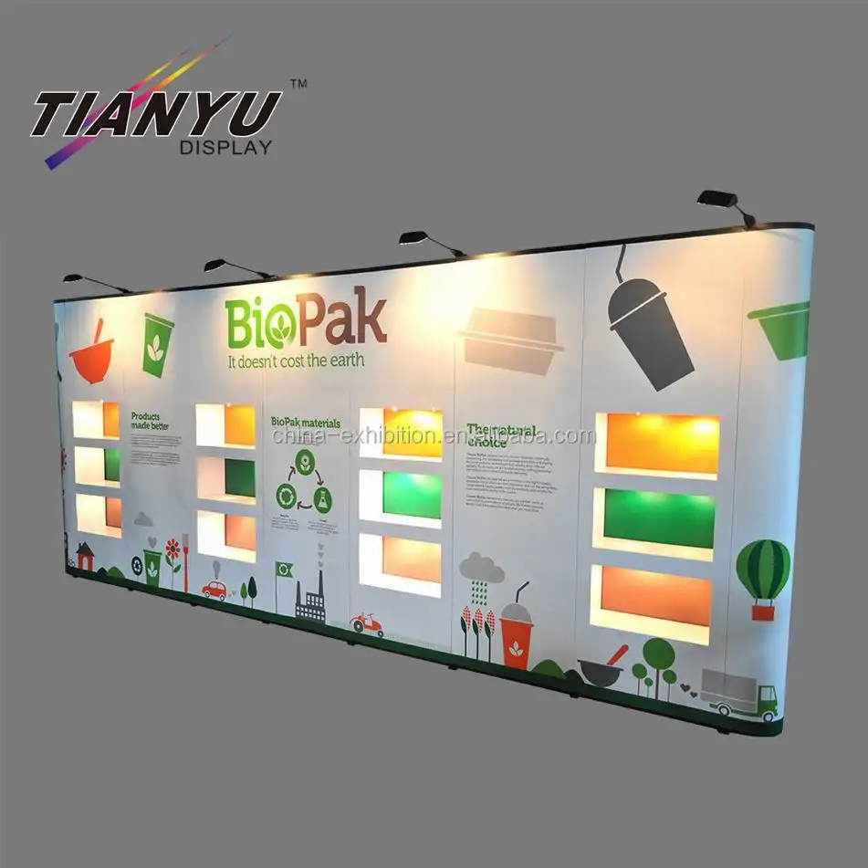 Tianyuスポットライト展示ポータブル流行ブーストレードショーポップアップバナースタンドディスプレイ棚付き