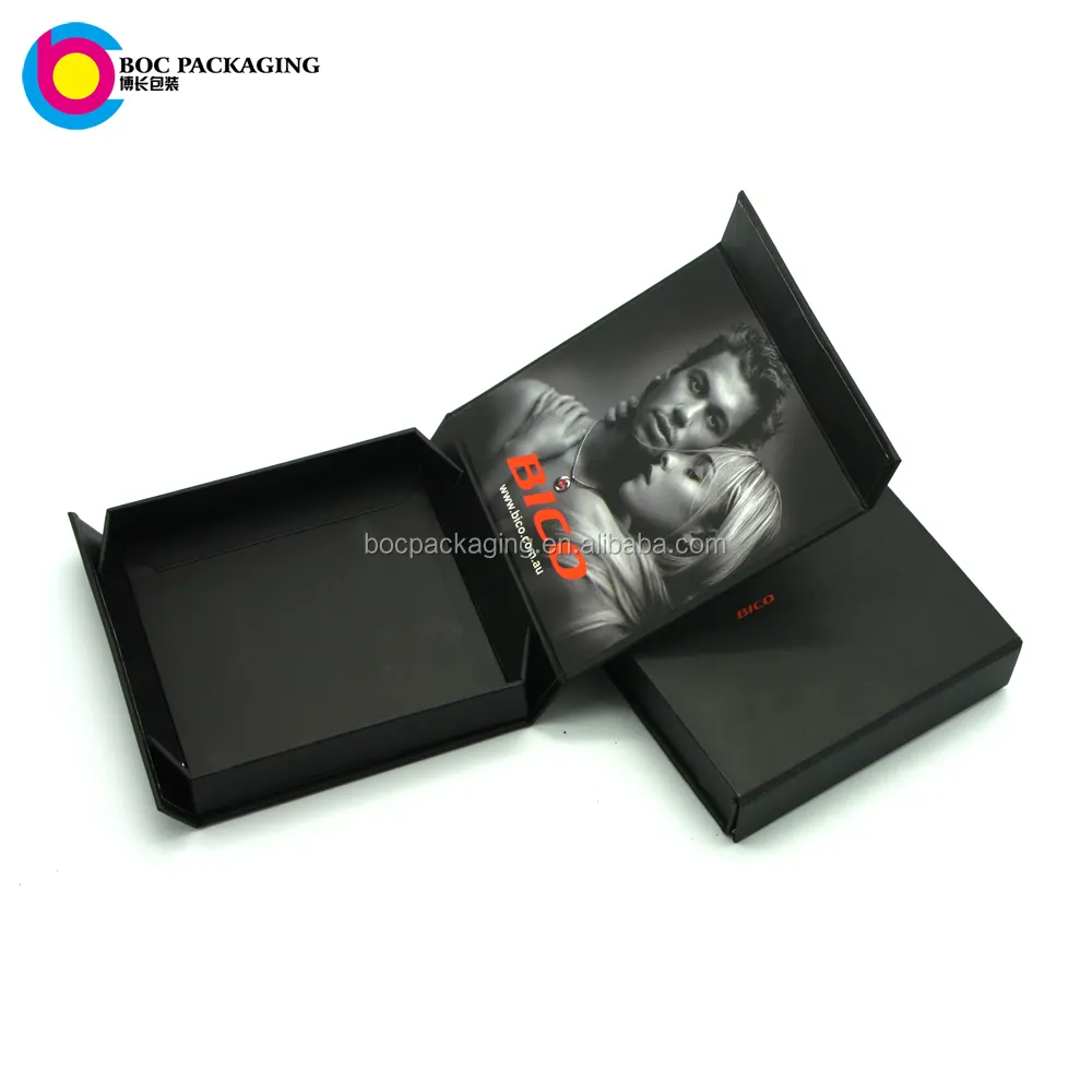 Imprimée faite sur commande de fermeture magnétique noir mat pliable plat pliant papier bijoux emballage boîte-cadeau en carton sans minimum