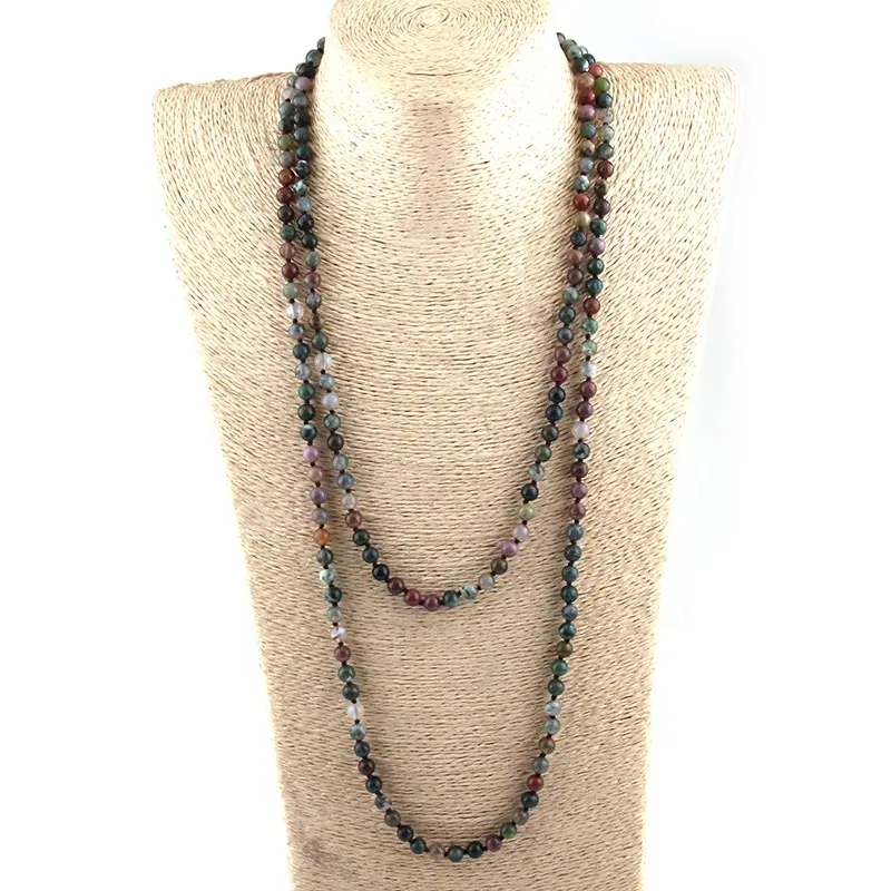 Women Necklace Fashion Bohemian Tribal Jewelry 6mm Long 145-150cm 60' Knotted Natural Stone Necklace