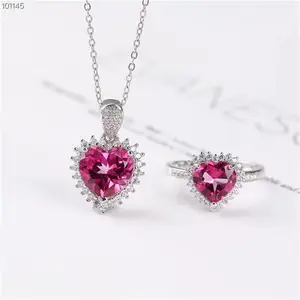 Hart Snijden Edelsteen Delicate Mooie Sieraden 925 Sterling Zilver 18 K Wit Vergulde Natuurlijke Roze Topaz Set