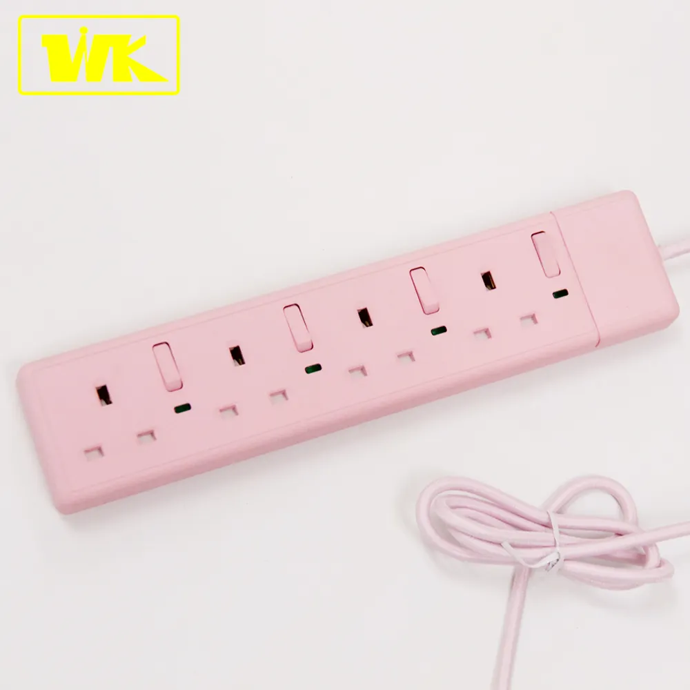 WK 13A 4 Gang Power Strip with UK Fused Plug Top, Individual Switch & Neon