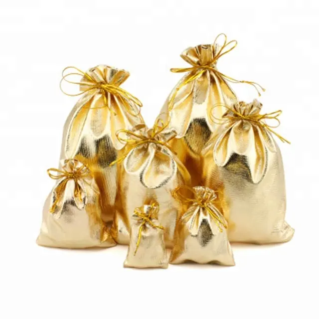 Bolsas de Organza de tela satinada con cordón, 5x7cm, 7x9cm, Color dorado y plateado, bolsas de regalo, embalaje de almacenamiento de joyería