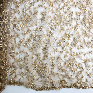 Top end french gold sequins tulle lace fabric 3d lace fabric beads bridal wedding lace HY0617