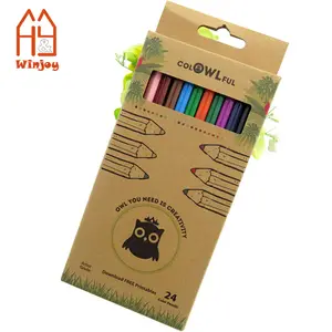 Özel ucuz 12 24 renkli kurşun kalem seti, ahşap çizim renkli kalemler paketi Kraft kağit kutu, çevre dostu promosyon hediye seti