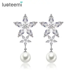 LUOTEEMI Wholesale Luxury Women Girls Fashion Jewelry Sparkling Double CZ Crystal Flowers Bridal White Gold Plated Earrings