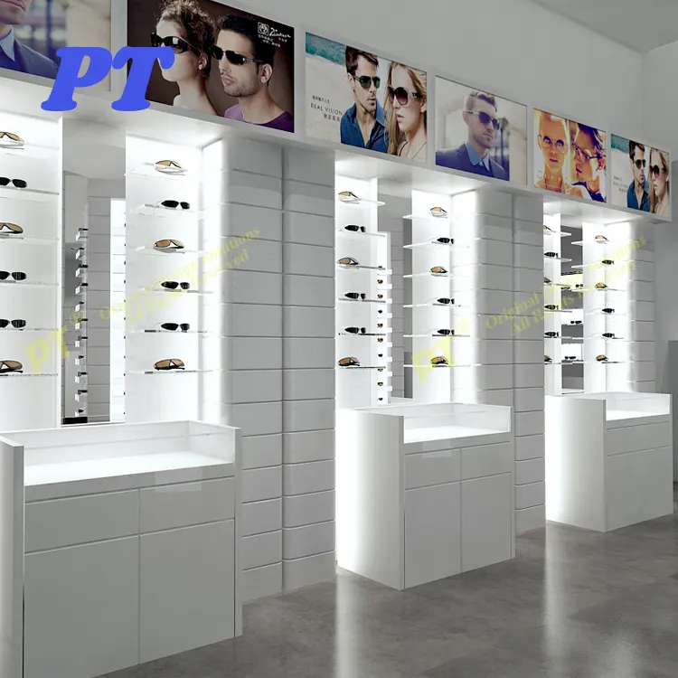 Unidade de exibição óptica branca para óculos de sol, rack para design de loja de roupas