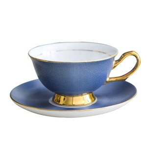 Porcelain Tea <strong>Cup</strong> and Saucer <strong>Set</strong> Custom logo Blue Ceramic <strong>Coffee</strong> <strong>Cups</strong> with <strong>Dish</strong>