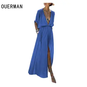 New Best Selling Western Long Dress Chiffon Solid Color Deep V-neck Half Sleeve Loose Hollow Slit Dress