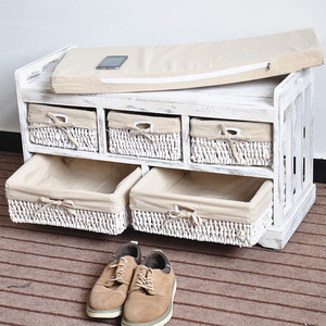 <span class=keywords><strong>Scarpiera</strong></span> in legno stile country <span class=keywords><strong>con</strong></span> <span class=keywords><strong>panca</strong></span> sedile sedile poggiapiedi armadio bianco Shabby 5 cestini di vimini per uso domestico - Product Image 2