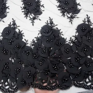 Exclusive black french 3d flower pure handmade beaded lace fabric with pearls tulle lace fabric for show in dubai HY0888-3