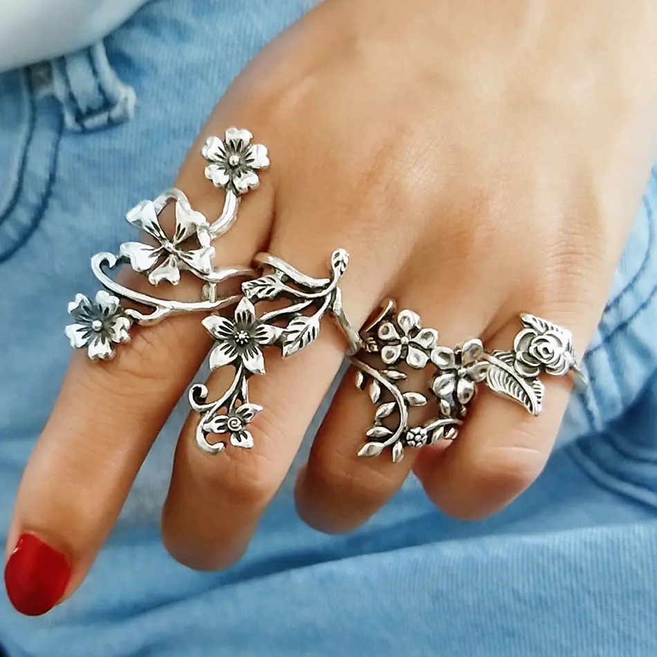 Anel 180801807 vintage de prata, flor de prata dedo conjuntos de noivado promessa noivado anel de prata
