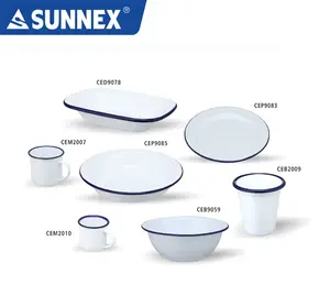 Sunnex Low MOQ Customized Coffee Cup Blue Rim 10oz White Enamel Plate Mug