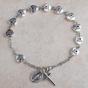 19.5 centimetri di lunghezza I Amore di Gesù In Lega di Zinco Del Cuore di Metallo Beads placcato <span class=keywords><strong>Argento</strong></span> <span class=keywords><strong>Rosario</strong></span> Braccialetto A Catena - Product Image 3