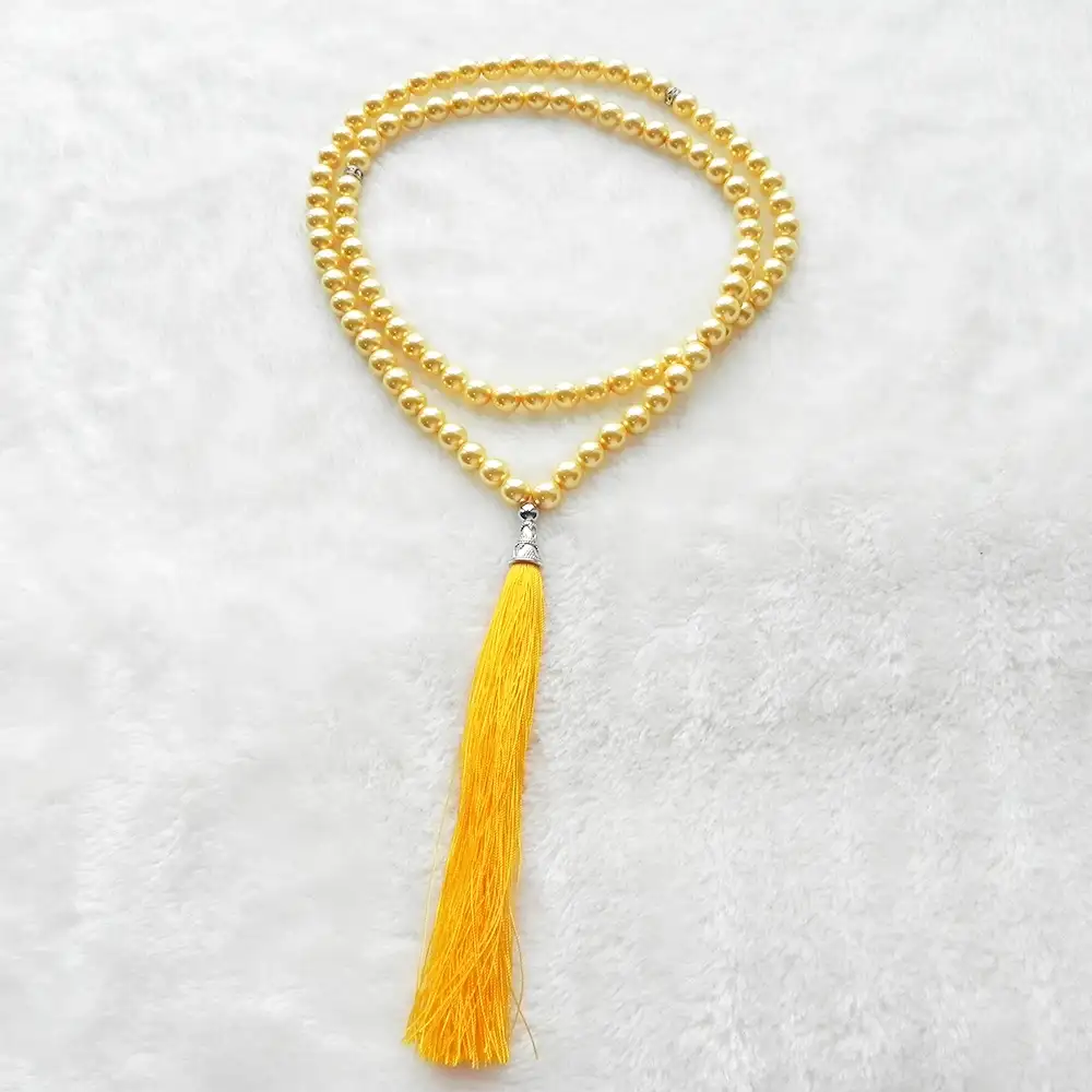 Tasbih 99 Gelbe Farbe Hochzeits geschenk Rosenkranz Großhandel Lange Seide Quaste Glas Perle Perlen Tasbih Für Ramadan Im April