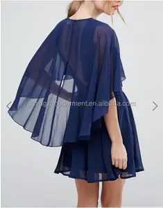 Vestido de noche elegante y Formal, gasa azul marino, capa trasera, minivestido, servicio OEM, 2022