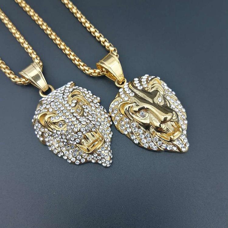 Stainless Steel Pendant Necklace with Gold Plated Lion Head