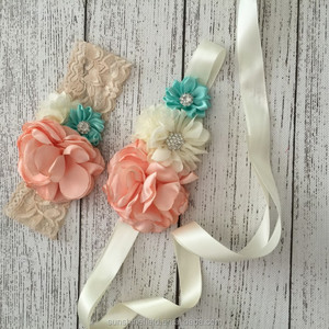 Nude menta que hace juego la venda del bebé vintage inspirado flor SASH queenbaby Headband Luxe SASH - Product Image 1