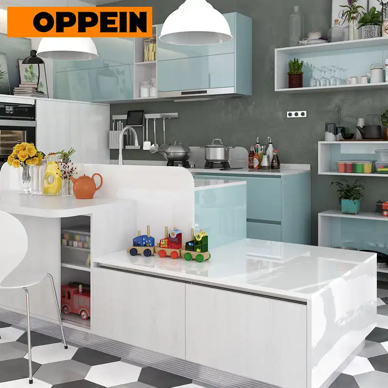 Modern direct lacquer paint baked light blue glossy modular kitchen cabinets OPPEIN