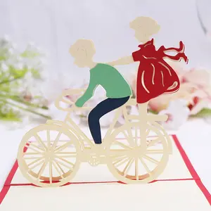 Grosir kartu buatan tangan pacar-Buatan Tangan Cinta Pacar Romantis dengan Sepeda Kertas Patung Pop Up Dapat Dilipat Kertas Hadiah Kartu Ucapan