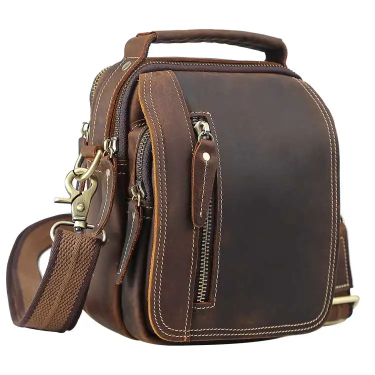 Tiding Wholesale Retro Brown Multi Use Small Crossbody Satchel Cowhide Leather Belt Shoulder Bag For Man