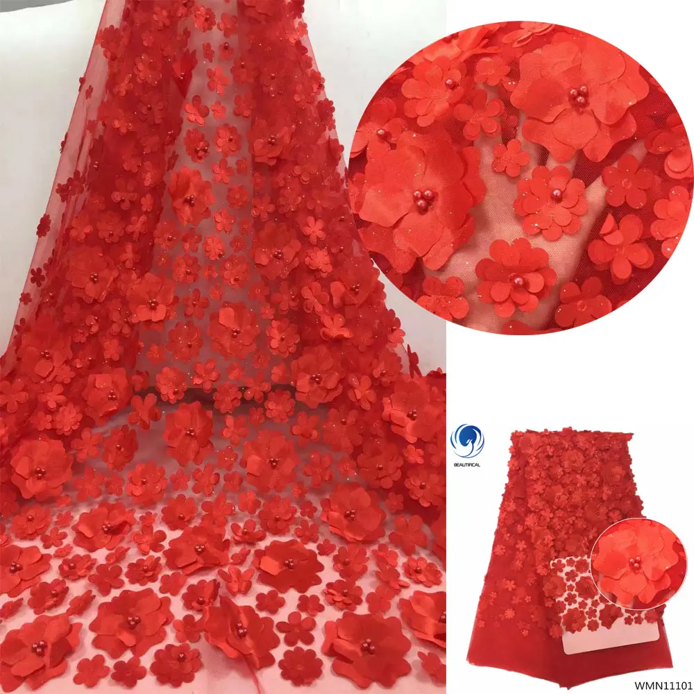 Beautifical nigerian net fabric red flower lace beaded light african tulle 3D WMN111