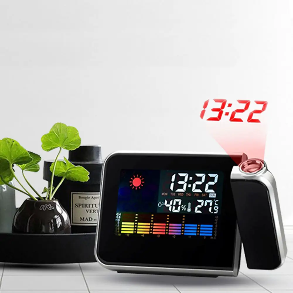 Hot Sale Table Modern Smart LED USB Digital Projection Alarm Clock Projector With Weather Calendar Displayed