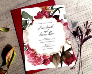 Carte d'invitation de mariage d'impression florale rouge avec la carte de <span class=keywords><strong>RSVP</strong></span> pour la noce - Product Image 1