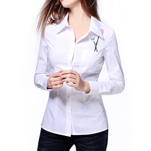 Женская Офисная белая блузка с длинным рукавом и вышивкой