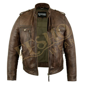 High Demand <b>Mens</b> <b>Brown</b> <b>Leather</b> Bomber <b>Jacket</b> Classic Distressed Biker Style Casual Winter Outerwear Stand Collar Front Logo - Product Image 1