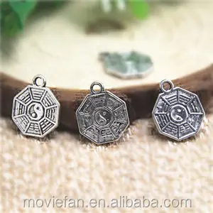 Amulet Charms Antiqued Silver Tone Tai Chi Ba Gua Feng Shui Coins charm pendants 16x13mm