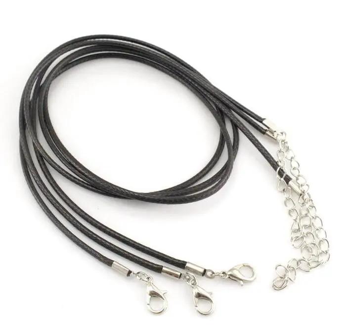 Thin Black Waxed Leather Cotton Cord Necklace Chain with Extender Chain