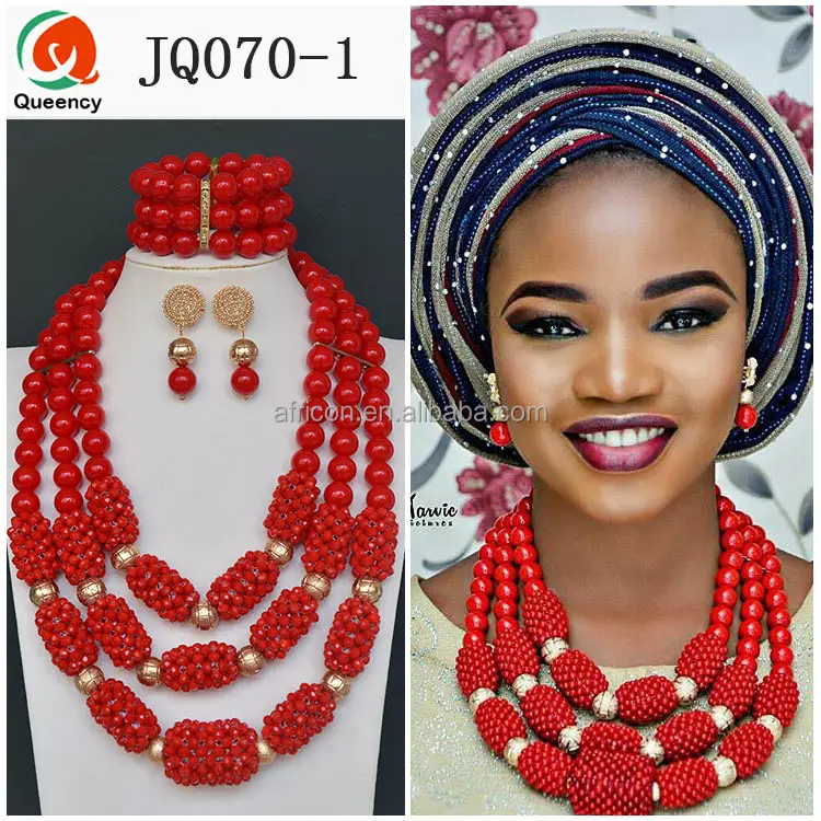 JQ070 Perhiasan Manik-manik Afrika Karang Merah Desain Multi Lapis Pernikahan Nigeria