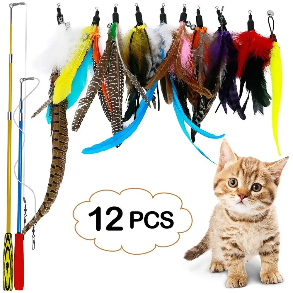 बिल्ली पंख खिलौना, 12 pcs वापस लेने योग्य बिल्ली खिलौने इंटरैक्टिव बिल्ली चिढ़ाने की छड़ी खिलौना सेट
