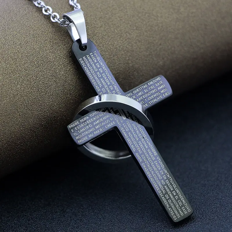 High Polish Cross With Circle Men's Stainless Steel Lord's Prayer Cross Pendant