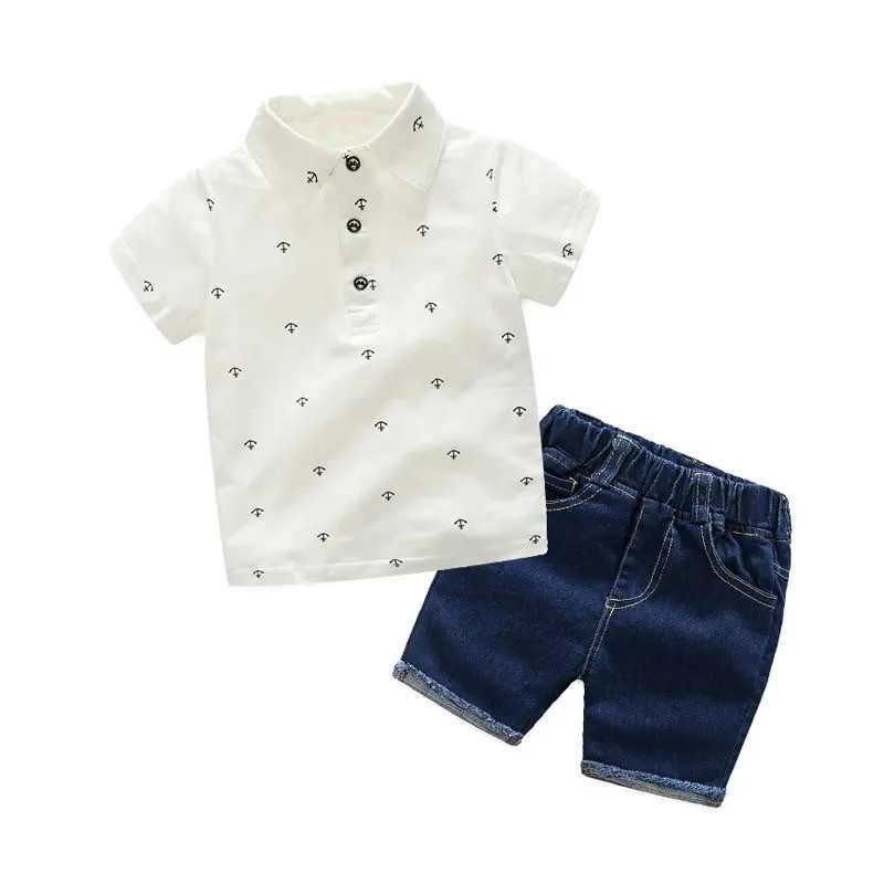 Set Pakaian POLO Anak Laki-laki, Kaus Jeans Kasual Lengan Pendek Dua Potong Musim Panas