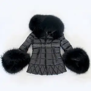 อิตาลีฤดูหนาวหนา Feather ของแท้ลงเสื้อสำหรับสาวสีดำขนาดใหญ่ Raccoon Fur Hood Cuffs