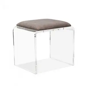 JAC-368 Clear Acrylic Vanity Bench with White Vinyl Cushion Chrome Casters