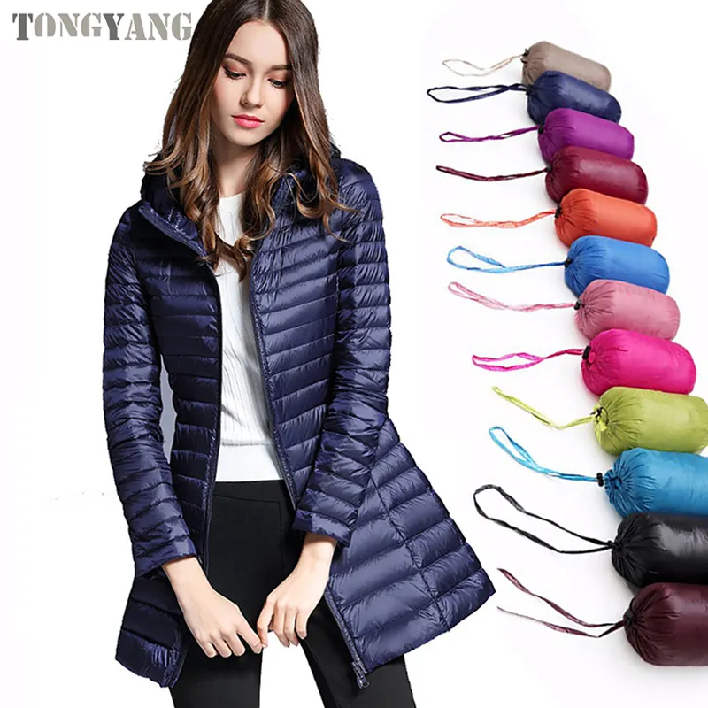 TONGYANG Mantel Panjang Musim Dingin Wanita, Jaket Parka Bertudung Putih 90% Ultra-ringan untuk Wanita