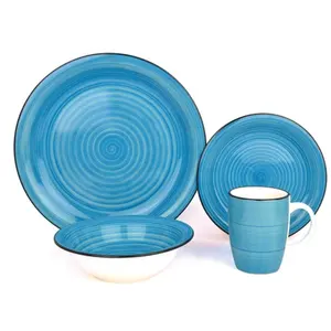 Fancy crockery china dinnerware sets blue printing 16pcs bulk cheap ceramics mug and dinner sets