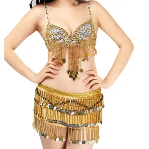 Barato nuevo de las mujeres Bra Top cinturón y cadera pañuelo conjunto Tribal oro profesional árabe/egipcia/Turco Sexy traje de danza del vientre