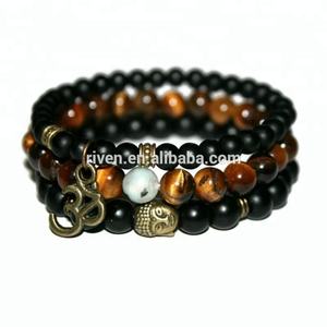 SN0863 3 pz/set Mala perline curative occhio di tigre opaca onice Yoga bronzo Buddha Om bracciale da polso per gli uomini - Product Image 6