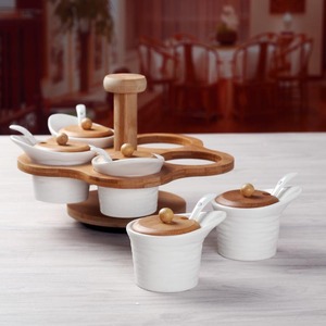 La nuova pentola per condimenti in ceramica di vendita calda con scatola per spezie da cucina con Base in legno può essere ruotata - Product Image 2